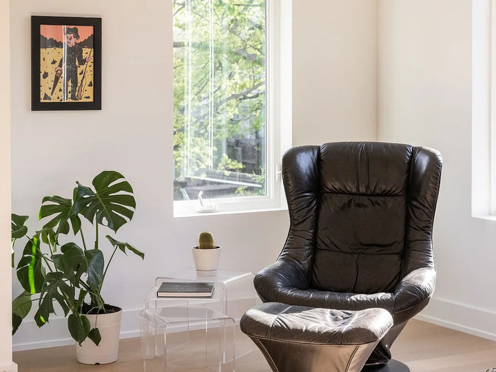 Vintage Black Leather Swivel Chair with Ottoman