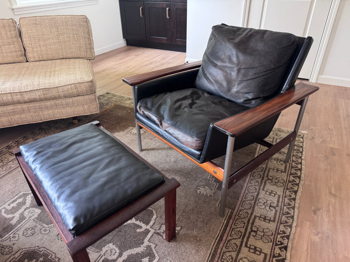 Mid-Century Modern Rosewood Chair Set with Ottomans (Price for Two Sets As Is)