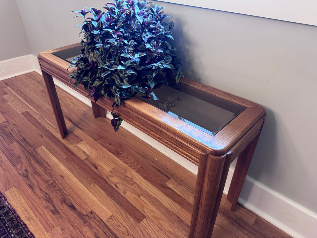 Vintage Oak Sofa Table with Smoked Glass