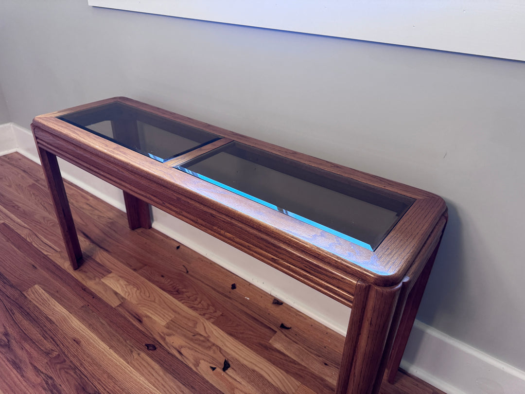 Vintage Oak Sofa Table with Smoked Glass
