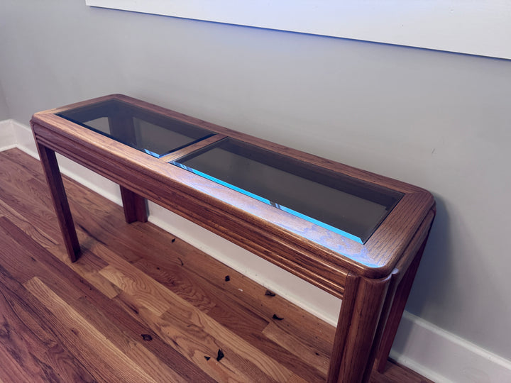 Vintage Oak Sofa Table with Smoked Glass