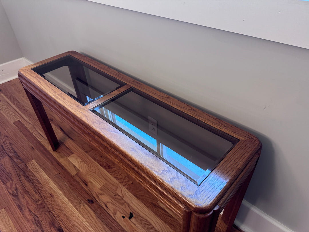 Vintage Oak Sofa Table with Smoked Glass