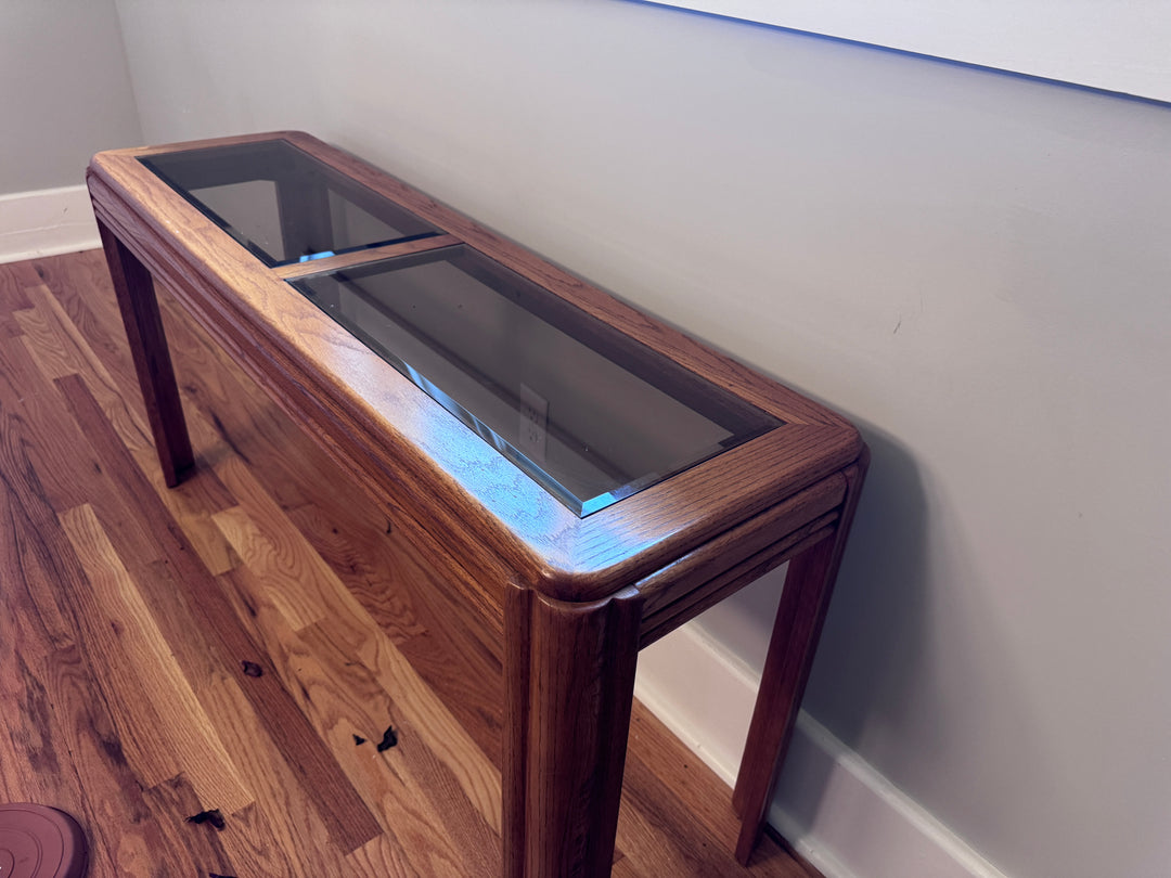 Vintage Oak Sofa Table with Smoked Glass