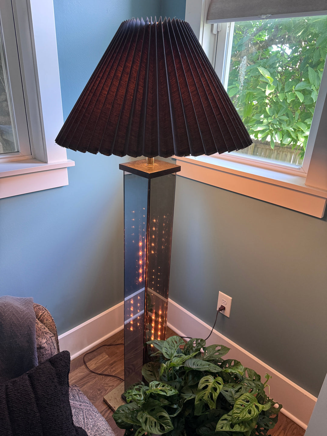Vintage Smoked Glass Floor Lamp with Black Shade