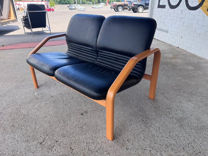 Danish Style Black Leather Love Seat