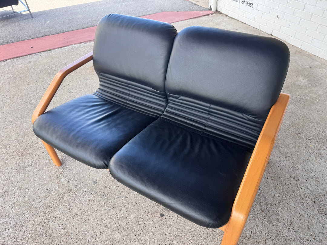 Danish Style Black Leather Love Seat
