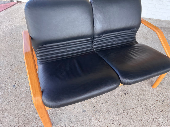Danish Style Black Leather Love Seat