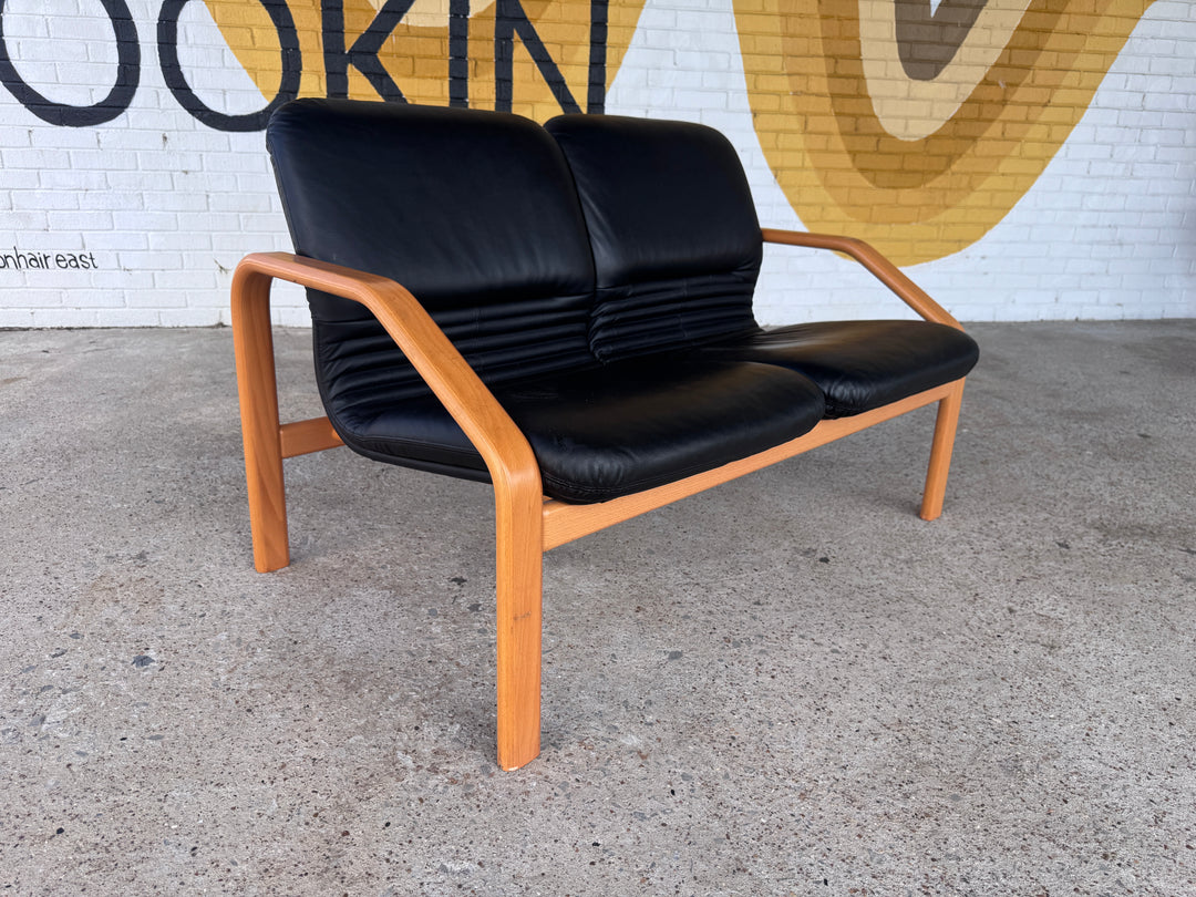 Danish Style Black Leather Love Seat