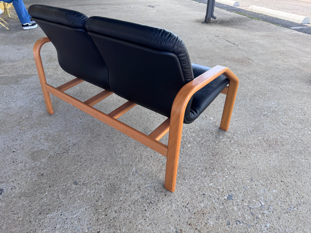 Danish Style Black Leather Love Seat