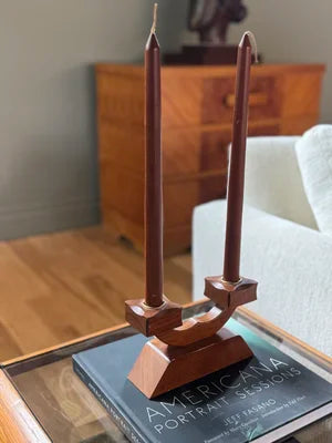 Vintage Wood (Pair) Two Prong Candelabras with Wood Candle Sticks