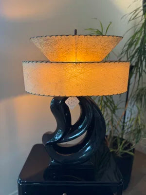 Midcentury Modern Black Lamp with Vintage Fiberglass Shade
