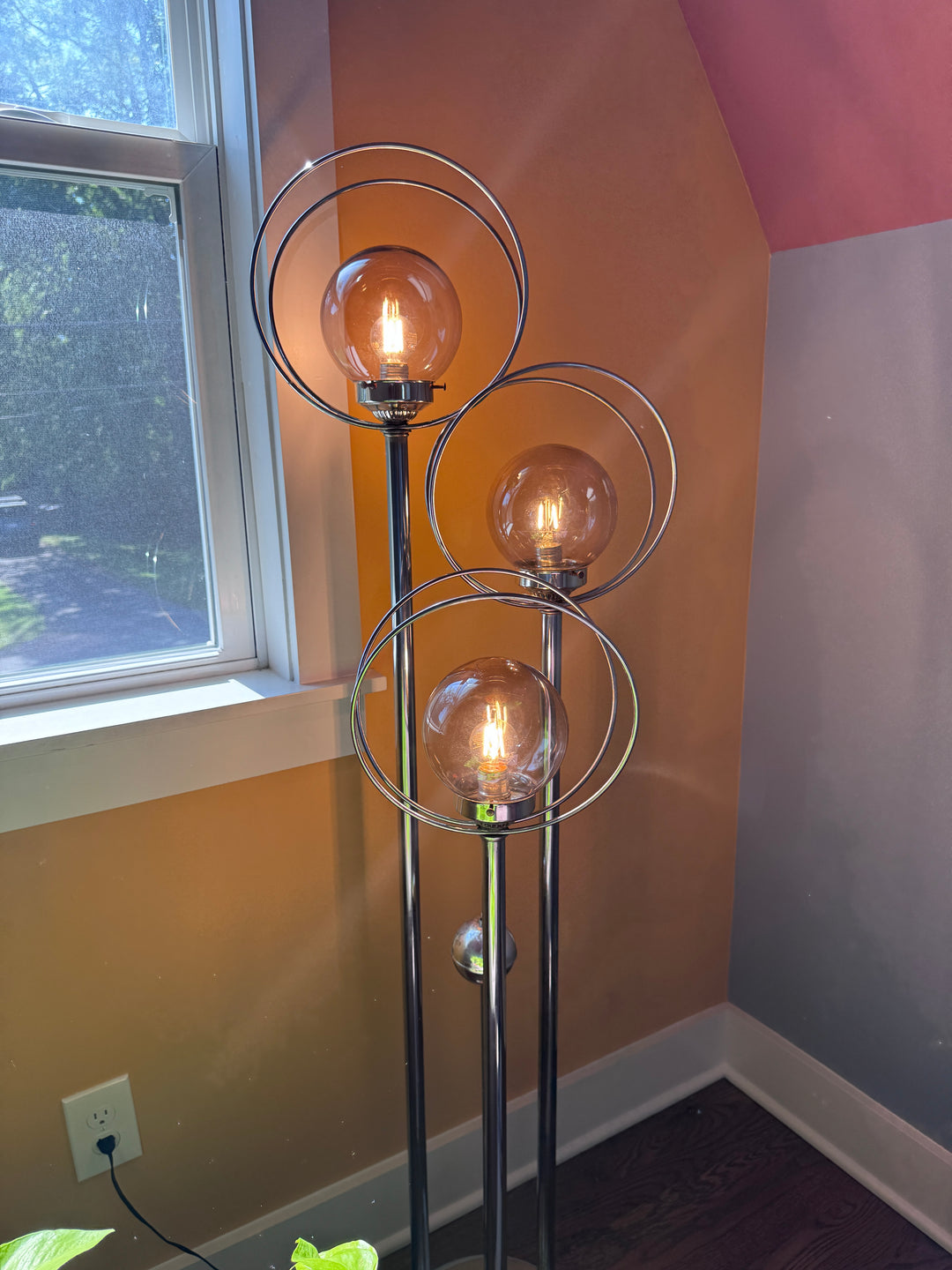 Mid-Century Chrome Triple Halo Floor Lamp (two light settings)