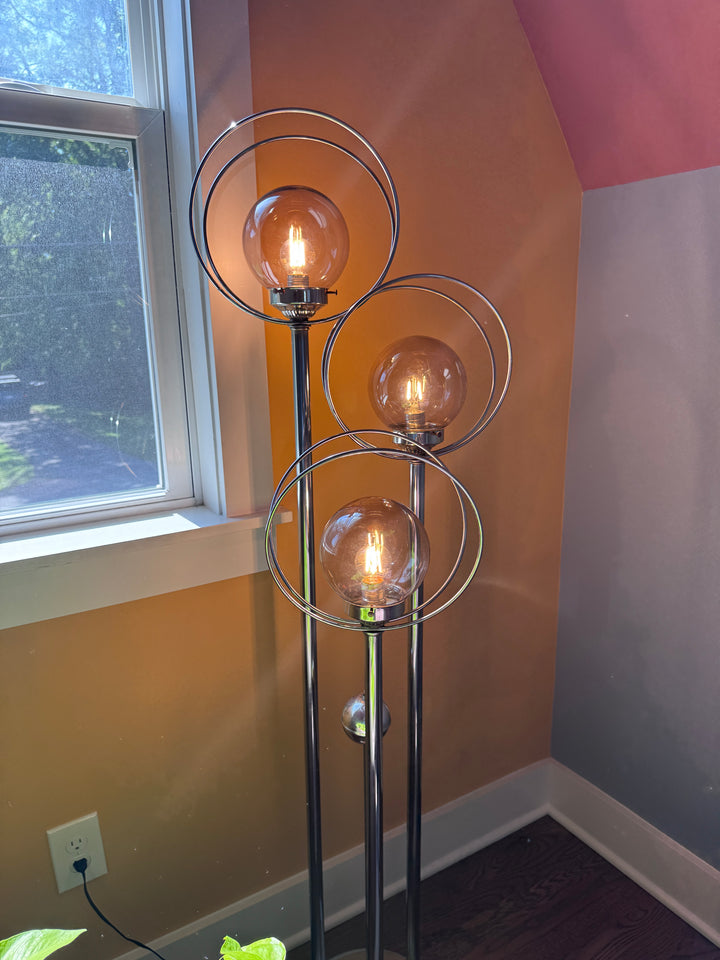 Mid-Century Chrome Triple Halo Floor Lamp (two light settings)