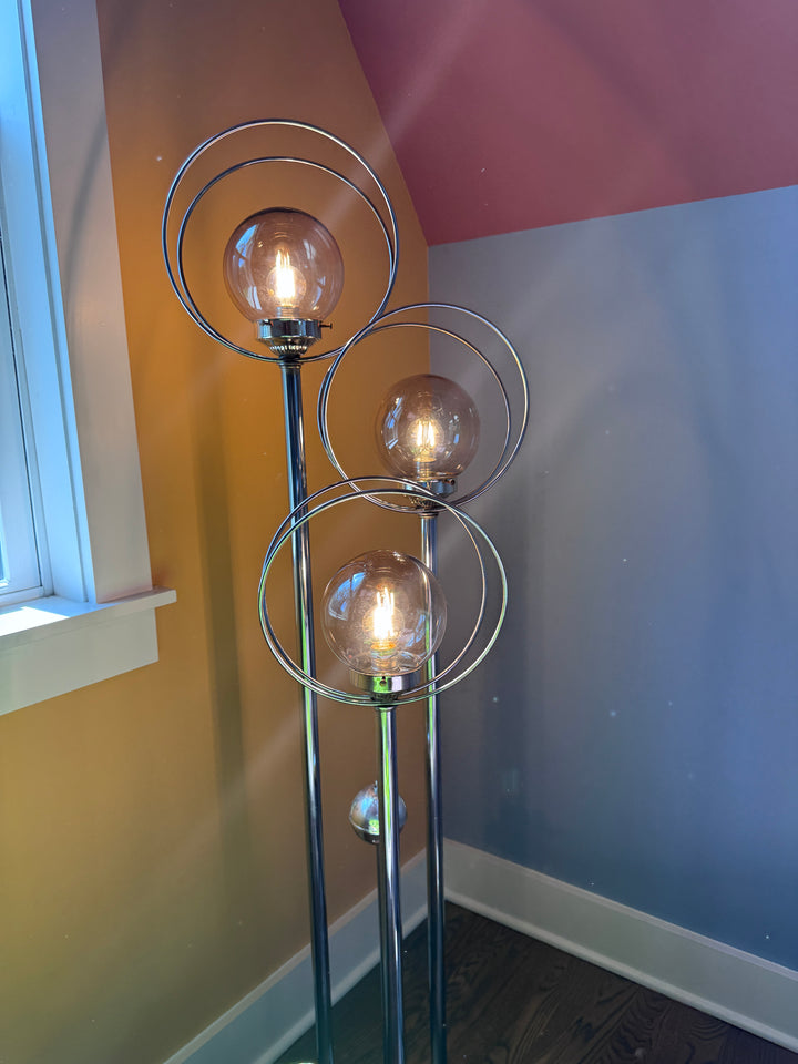 Mid-Century Chrome Triple Halo Floor Lamp (two light settings)