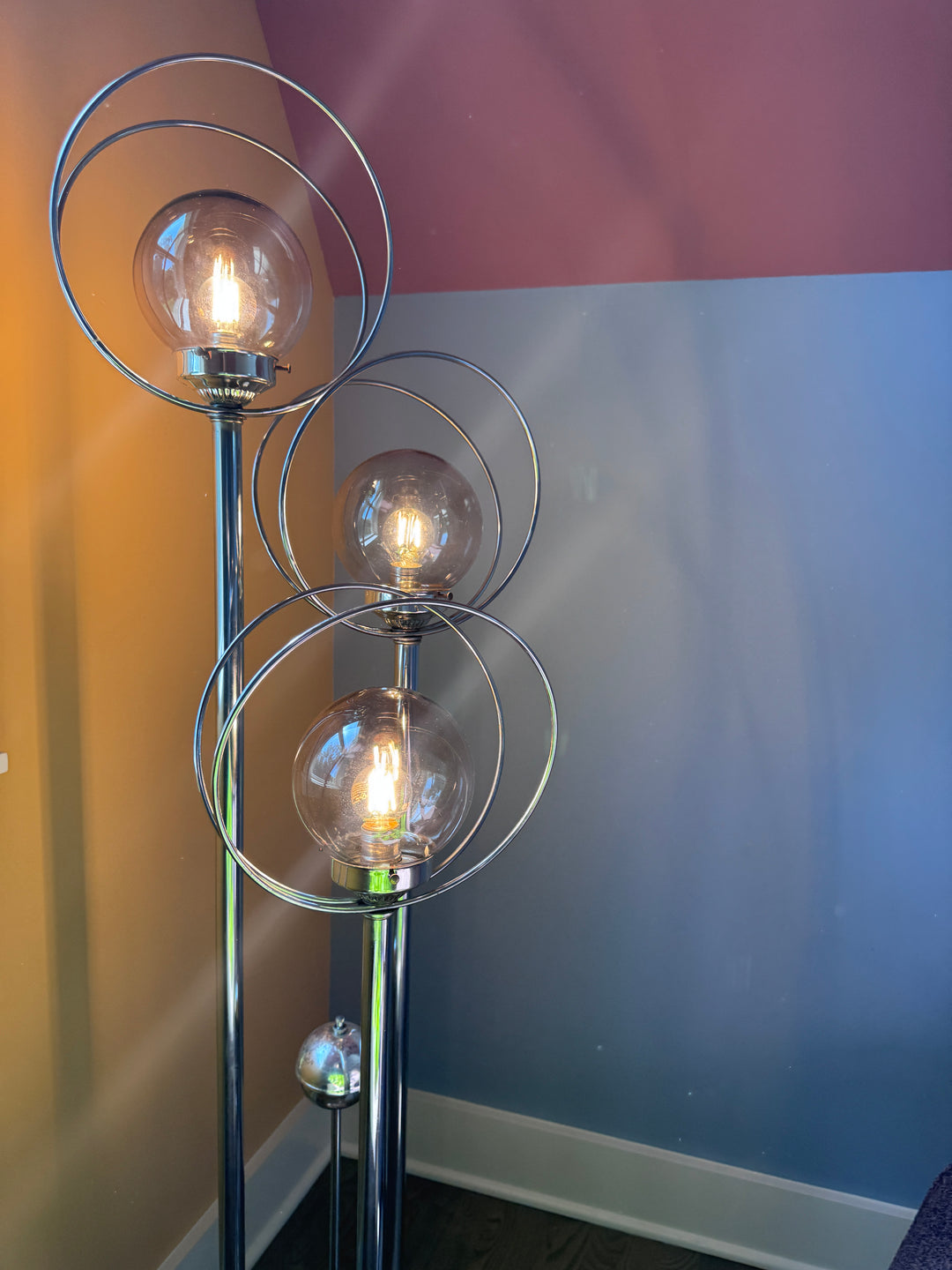 Mid-Century Chrome Triple Halo Floor Lamp (two light settings)