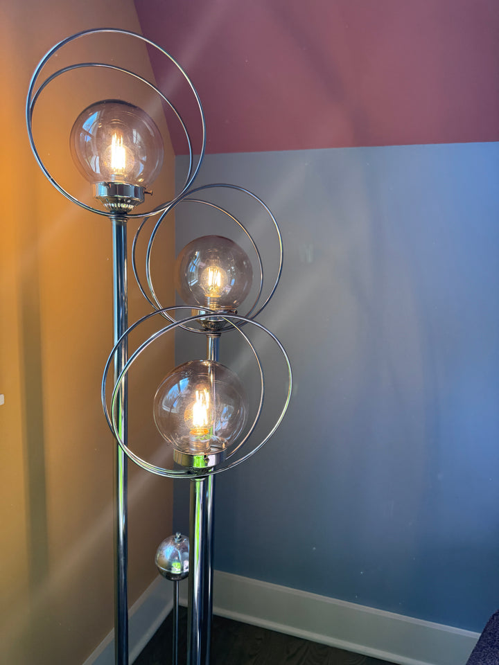 Mid-Century Chrome Triple Halo Floor Lamp (two light settings)