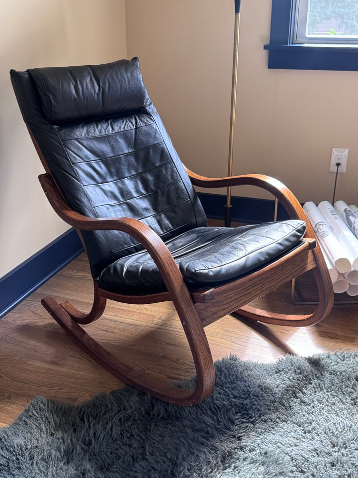 Mid-Century Modern Black Leather Rocking Chair