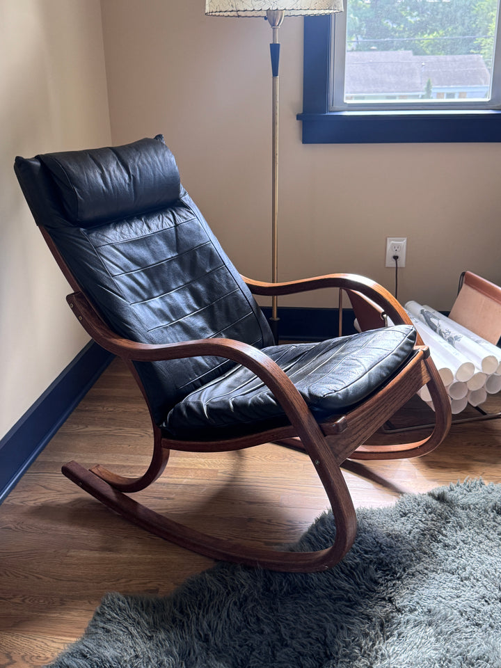 Mid-Century Modern Black Leather Rocking Chair