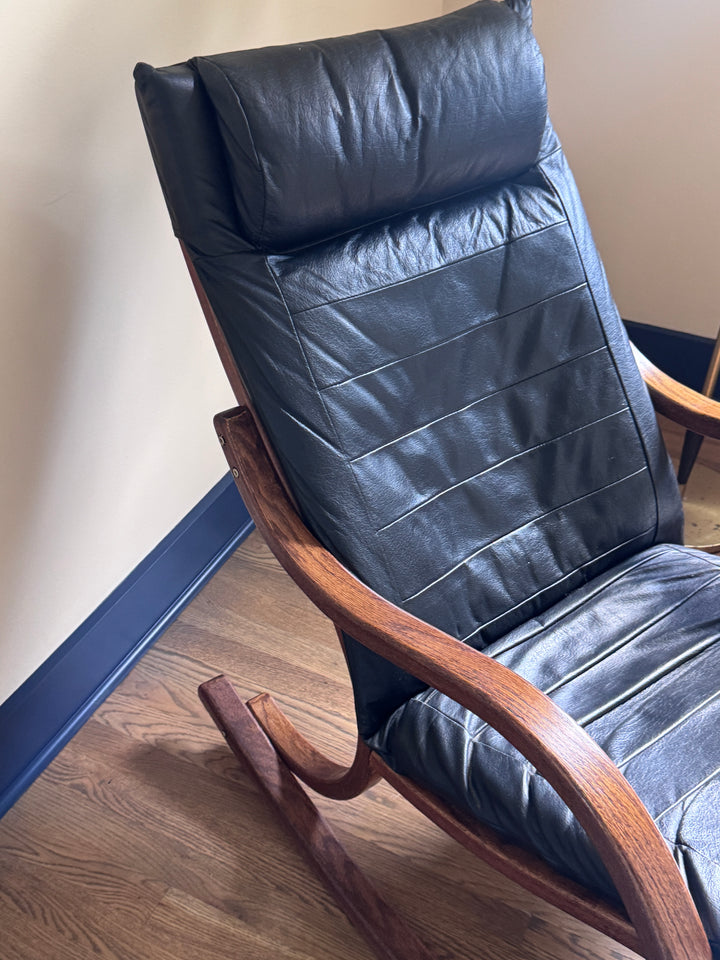 Mid-Century Modern Black Leather Rocking Chair