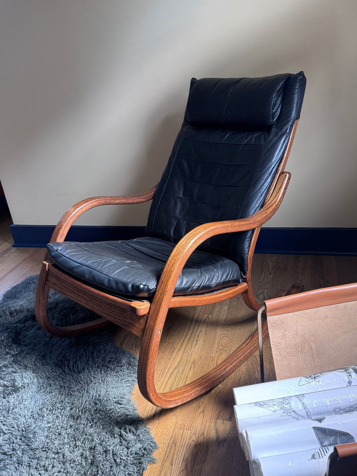 Mid-Century Modern Black Leather Rocking Chair