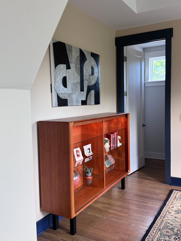 Mid-Century Modern Teak Shelf with Lights and Glass Adjustable Shelving
