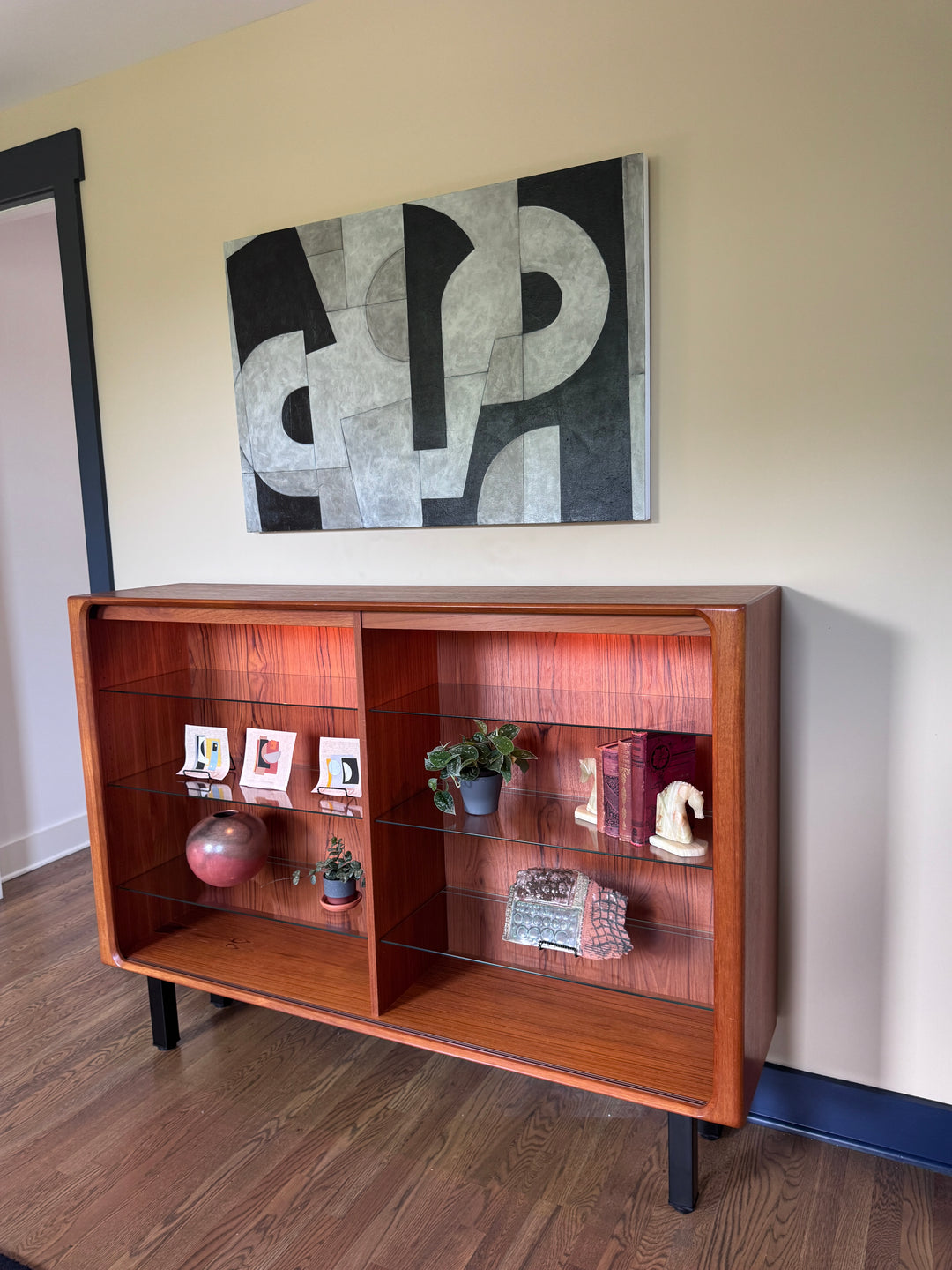 Mid-Century Modern Teak Shelf with Lights and Glass Adjustable Shelving