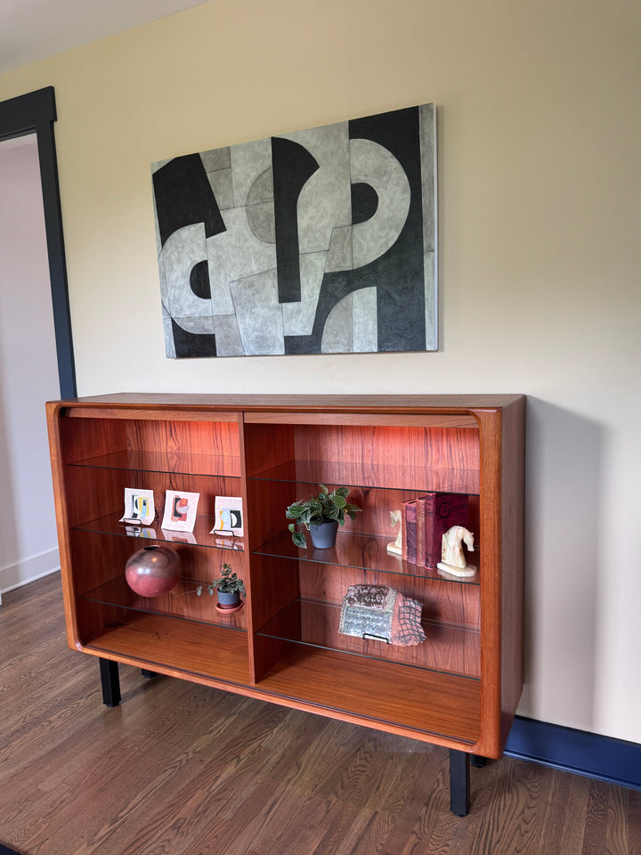 Mid-Century Modern Teak Shelf with Lights and Glass Adjustable Shelving