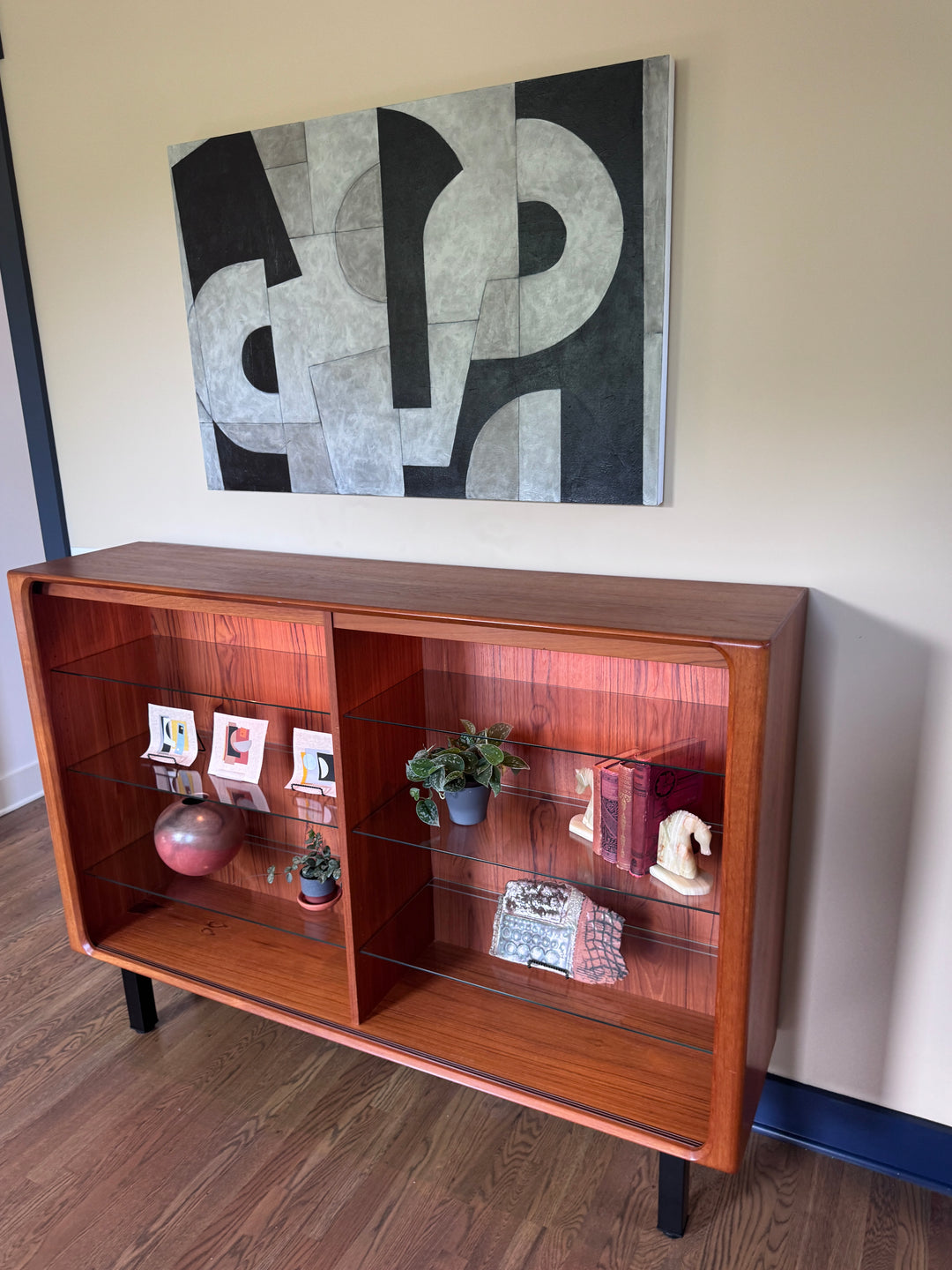Mid-Century Modern Teak Shelf with Lights and Glass Adjustable Shelving