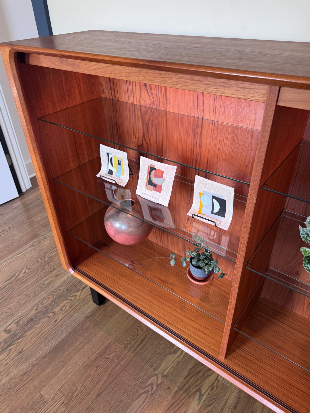 Mid-Century Modern Teak Shelf with Lights and Glass Adjustable Shelving
