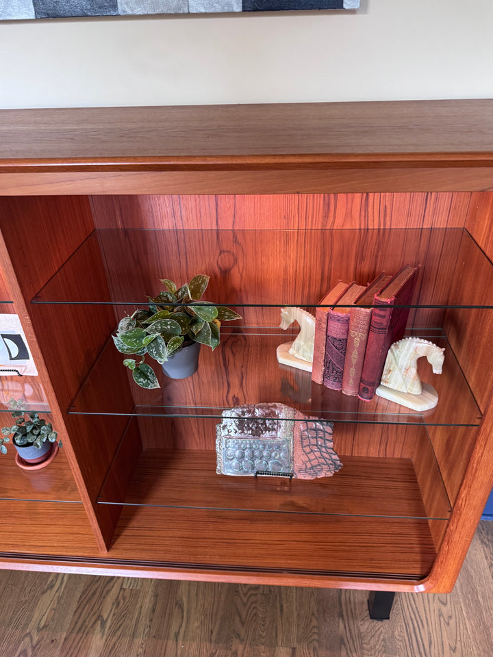 Mid-Century Modern Teak Shelf with Lights and Glass Adjustable Shelving