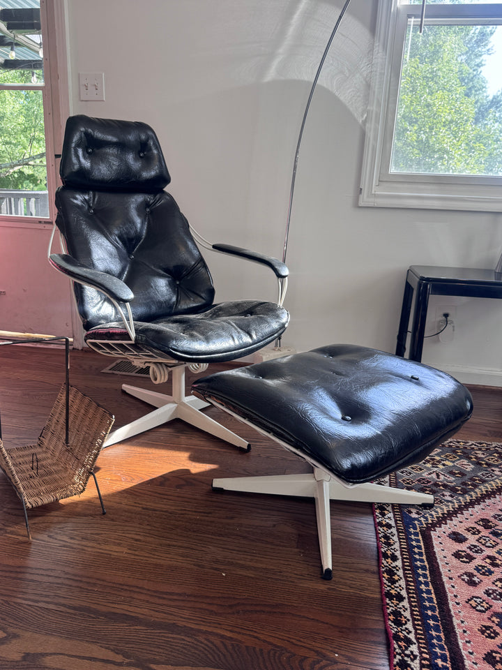 Mid-Century Modern Black Vinyl Chromcrest Lounge Chair &amp; Ottoman