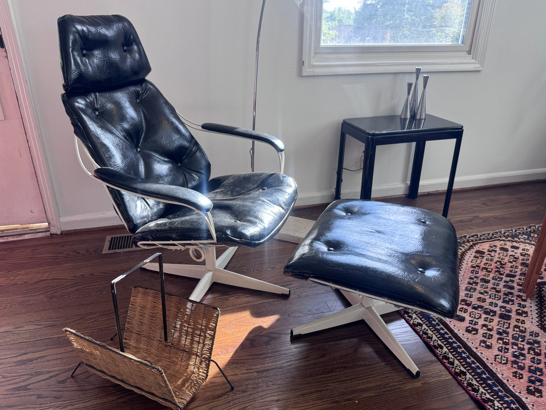 Mid-Century Modern Black Vinyl Chromcrest Lounge Chair &amp; Ottoman