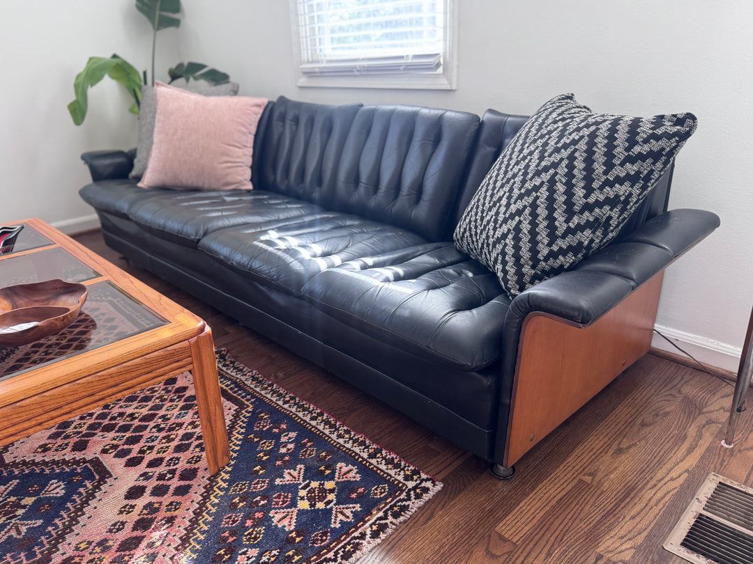 Mid-Century Modern Black Tufted Long Sofa