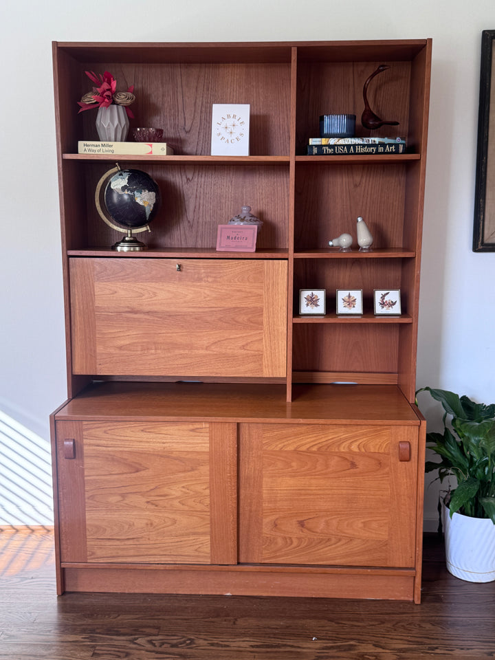 Danish Teak Two Piece Desk Shelf with Fold Out Desk
