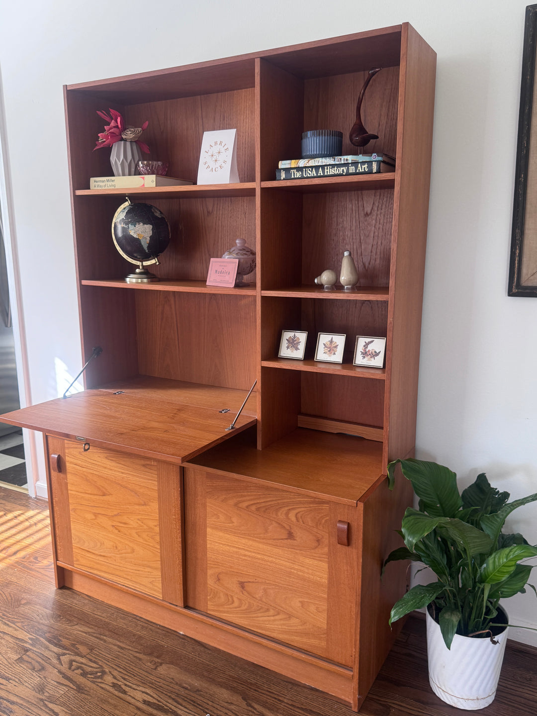 Danish Teak Two Piece Desk Shelf with Fold Out Desk