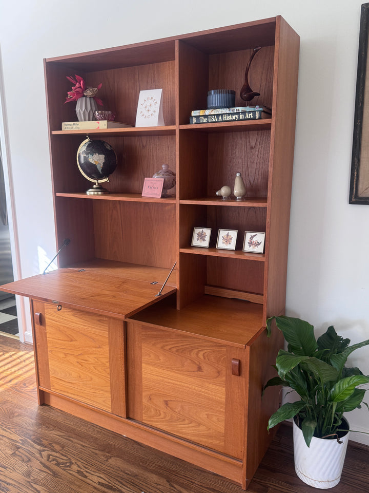 Danish Teak Two Piece Desk Shelf with Fold Out Desk