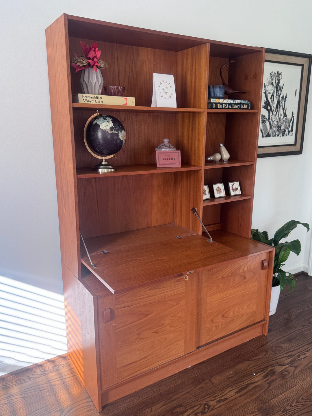 Danish Teak Two Piece Desk Shelf with Fold Out Desk