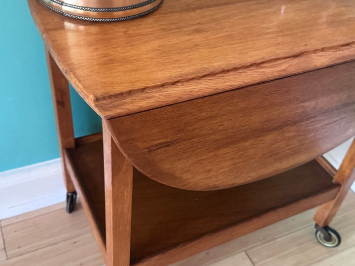 Vintage Oak Bar Cart with Two Lift Up Leaves