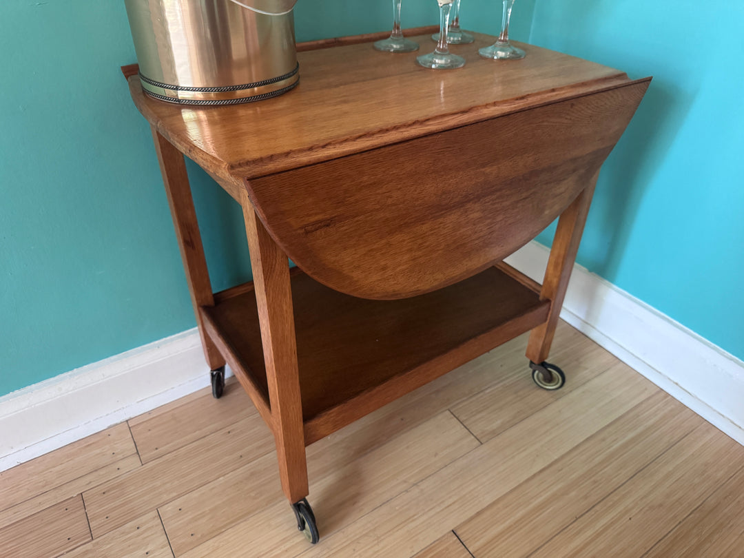 Vintage Oak Bar Cart with Two Lift Up Leaves