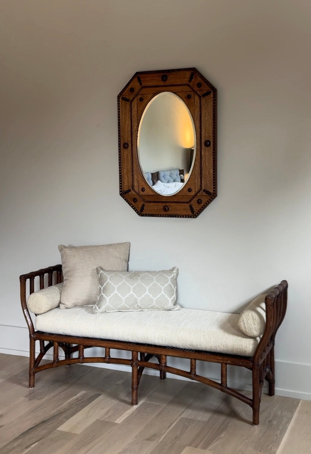 Vintage Cane and Bamboo Bench with Cream Upholstery