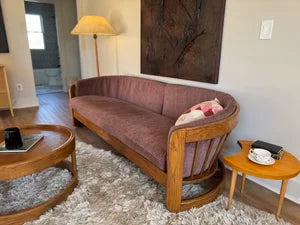 Vintage ‘Flexsteel’ Oak &amp; Plum Upholstered Sofa