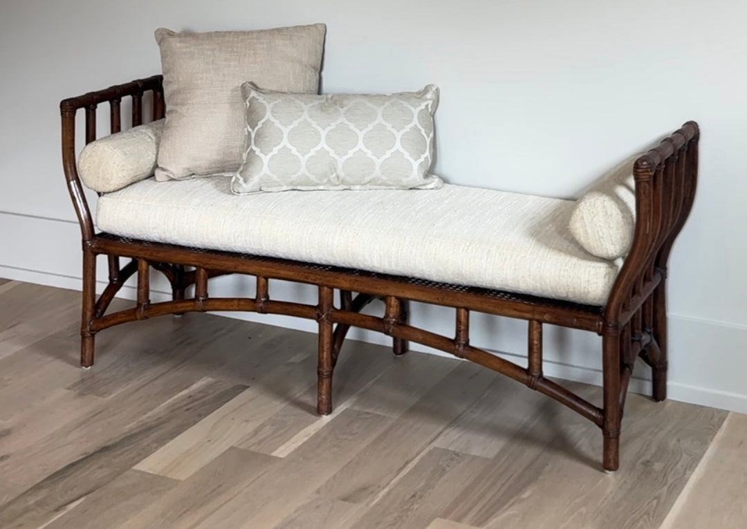 Vintage Cane and Bamboo Bench with Cream Upholstery