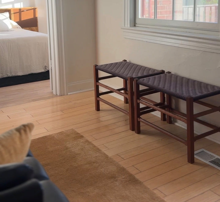 Antique Wood Stools with Violet Woven Tops (price per stool)