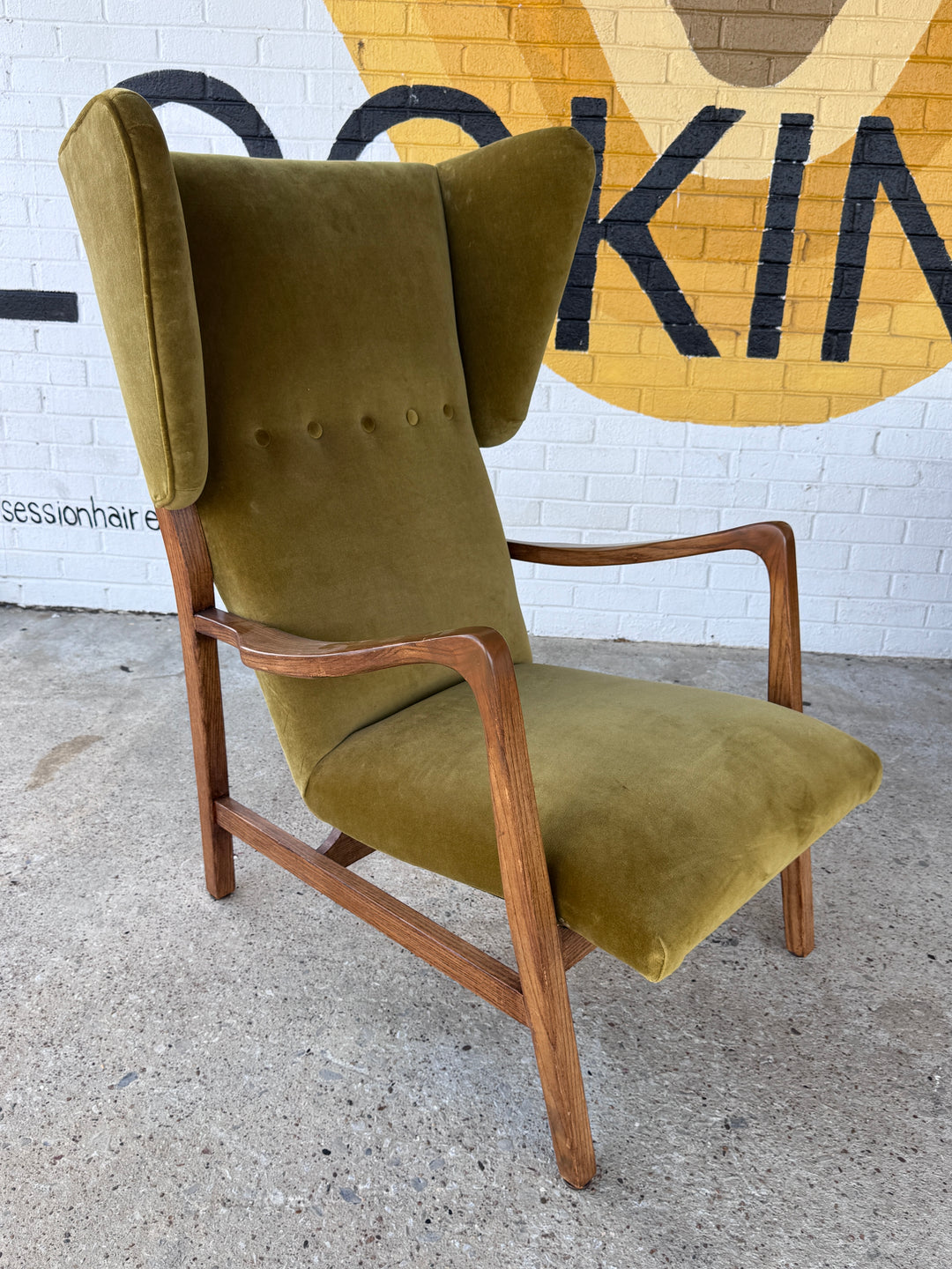 Vintage Chartreuse Velvet Wing Back Chair