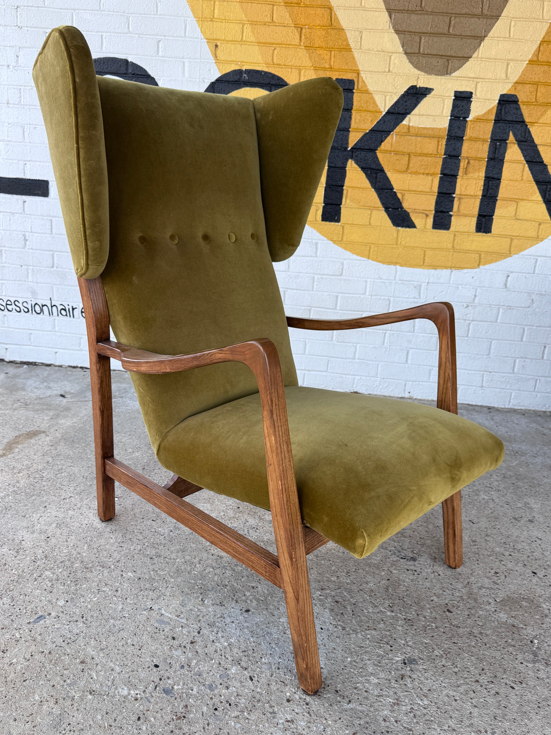 Vintage Chartreuse Velvet Wing Back Chair