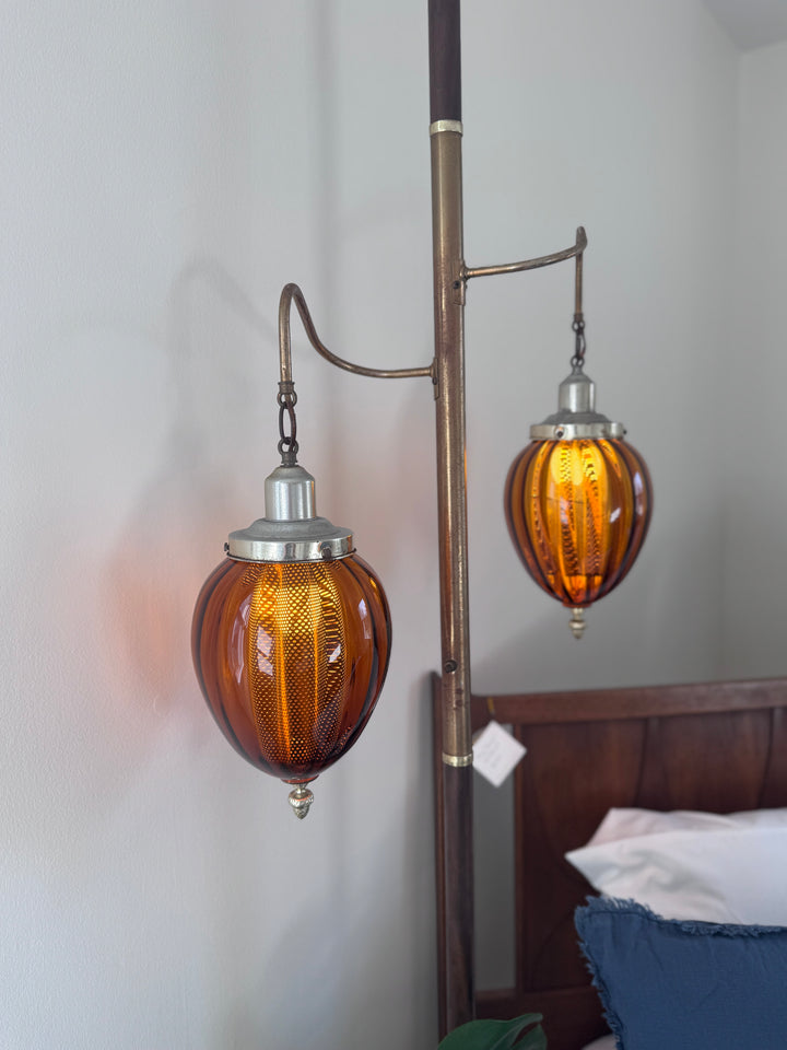 Mid-Century Modern Tension Pole Lamp with Amber Globes