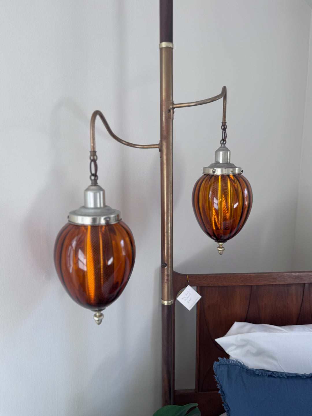 Mid-Century Modern Tension Pole Lamp with Amber Globes