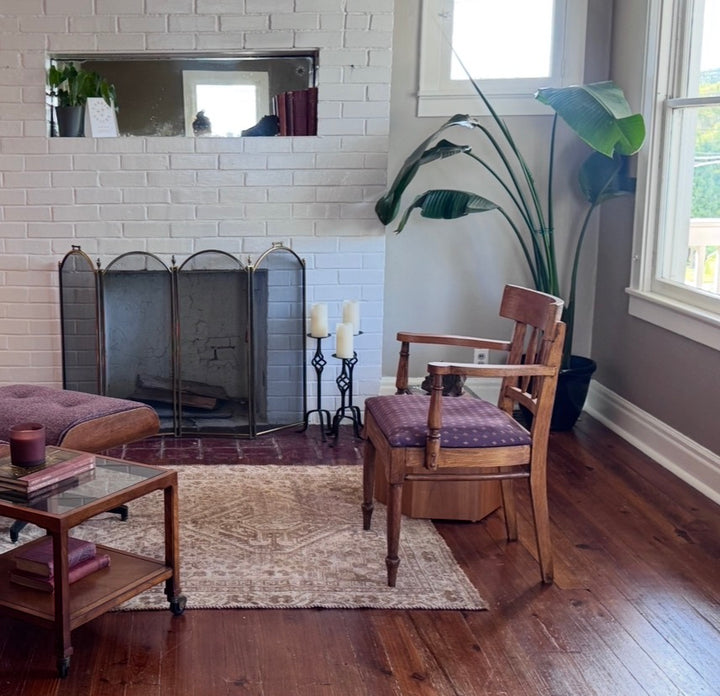 Antique Oak Chair in Plum Upholstery