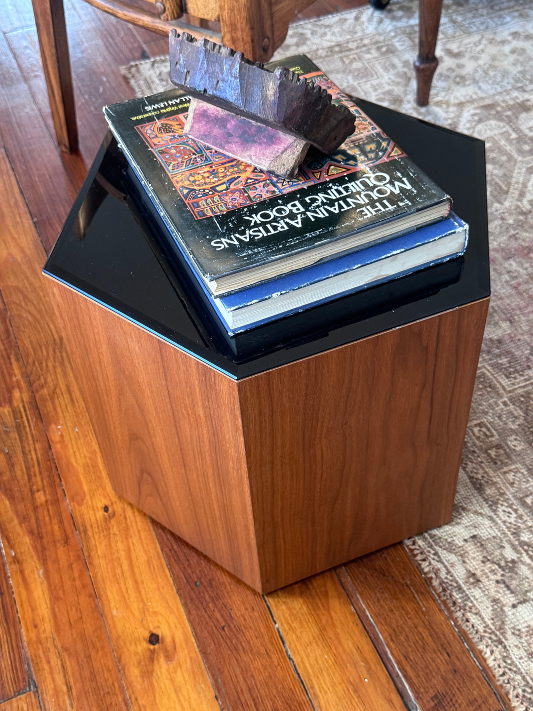 Pair of Mid-Century Modern Hexagon Side Tables with Black Glass Tops (price for pair)