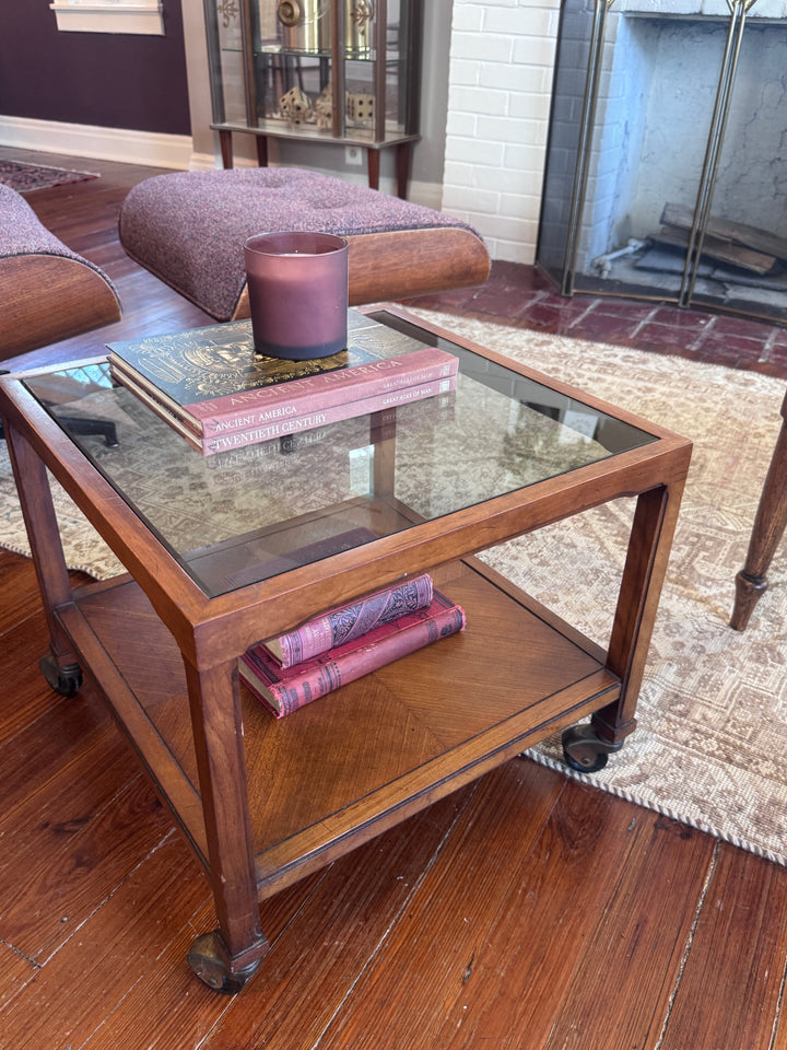 Drexel Side Table Glass Top on Wheels